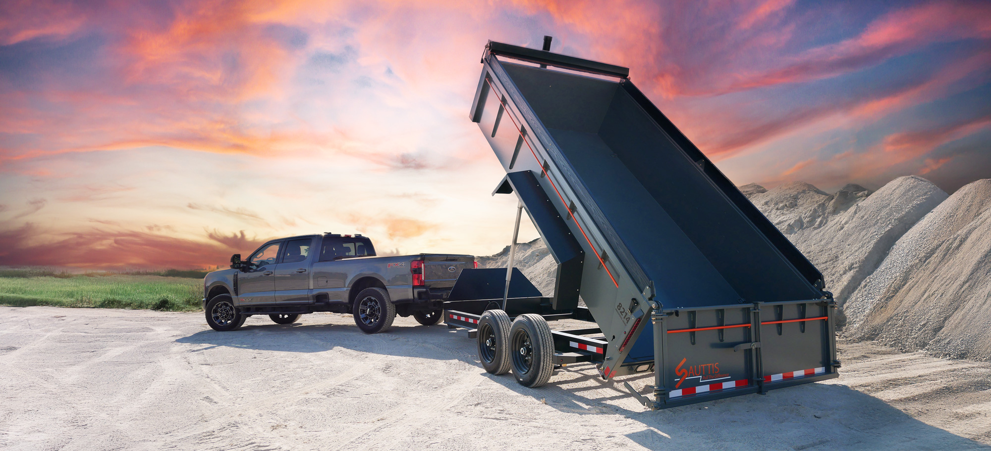 Sauttis dump trailer with bed raised.